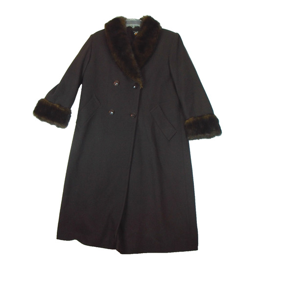 VTG Jad Womens Long Brown Coat Button Front Faux Fur Collar Wool Size 8P - Picture 1 of 16